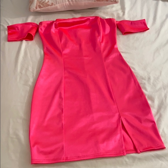 Silk Neon Pink Slit Cut Dress - Picture 3 of 7